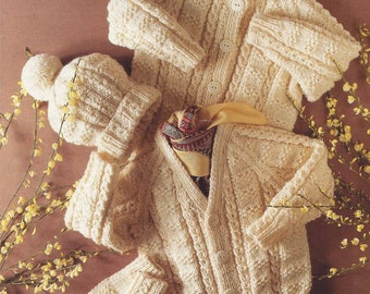 PDF Instant Download V round neck Aran cardigan mittens hat boy girl knitting pattern (51)