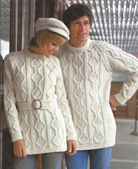 Vintage Knitting Pattern C140 Ladies and Mens Easy Knit Aran Shirt Neck Sweater with Raglan Sleeves PDF Digital Download