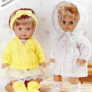 May include: Two knitted doll outfits, one yellow cardigan with a white lace trim skirt and yellow booties, and one white hooded cardigan with white booties.  The outfits are for dolls and premature babies.