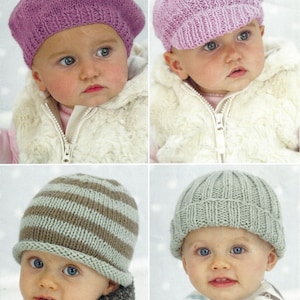 May include: Four images of babies wearing knitted hats. The hats are in various styles and colors, including a purple beret, a pink cap, a striped brown and tan beanie, and a light green ribbed beanie. The text "Birth to 6 years" is in the top right corner.