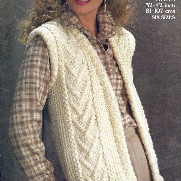 Instant PDF Digital Download ladies girls aran slip-on waistcoat knitting pattern 32/42 inch (1197)