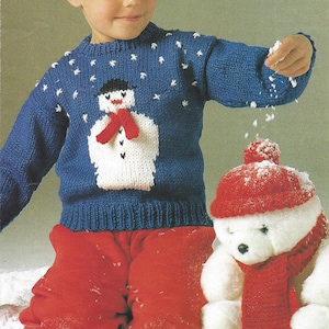 PDF Instant  Digital Download baby childs snowman  chunky christmas sweater jumper knitting pattern  22 to 28 inch (1081)