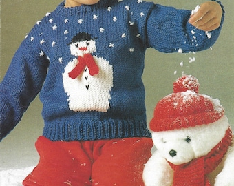 PDF Instant  Digital Download baby childs snowman  chunky christmas sweater jumper knitting pattern  22 to 28 inch (1081)