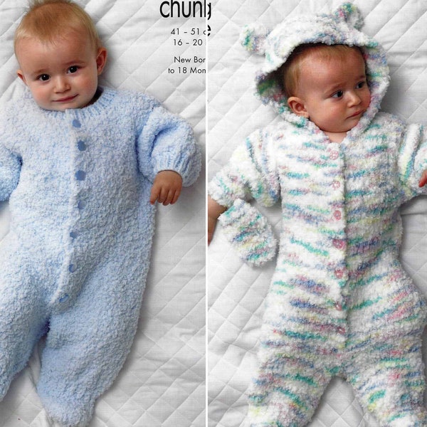 Instant digital download PDF baby hooded snowsuit & sleepsuit knitting pattern 0 to 18 months easy knit (2723)