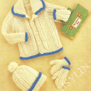 PDF Instant Digital Download baby aran jacket cap & mittens knitting pattern 21 to 23 inch chest (163)