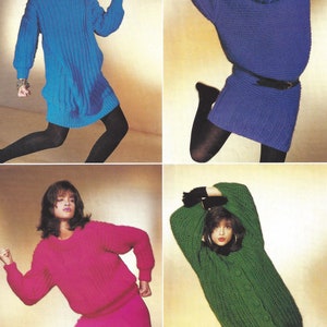 May include: Four women model different knit sweaters in various colors, including blue, purple, pink, and green. The sweaters are all chunky knit and have a relaxed fit.