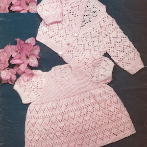 PDF Instant  Digital Download baby dress & cardigan knitting pattern 16/20 inch 4 ply (1208)