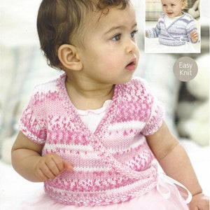 May include: A baby wearing a pink and white knitted wrap cardigan with short sleeves and a tie fastening. The garment features a V-neck and a pattern of horizontal stripes and textured details. The image includes a smaller inset image.