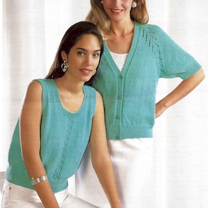 Instant PDF Digital Download ladies easy knit soft cotton vest & short sleeved cardigan knitting pattern 30/44 inch (1291)