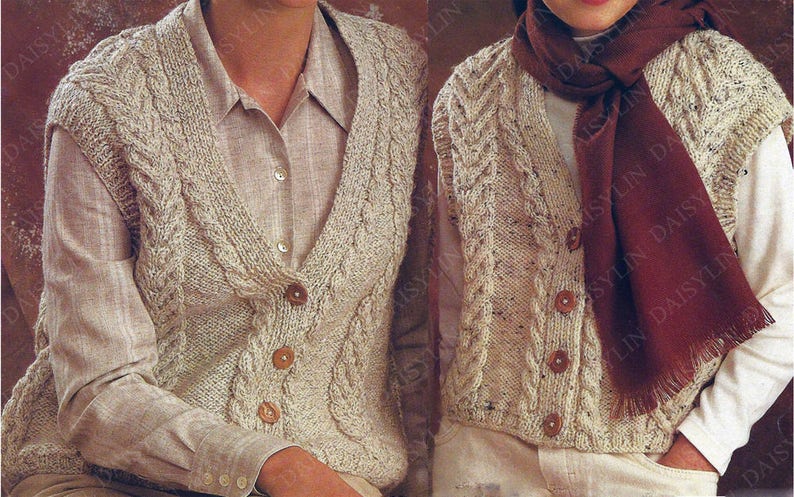 306 Instant PDF Digital Download ladies girls aran waistcoats knitting pattern 26 to 38 inch