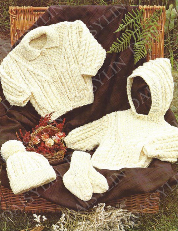 PDF Instant Digital Download Baby Aran Sweater Jacket Hat Socks