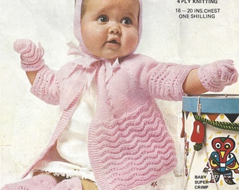 PDF Instant  Digital Download baby matinee coat bonnet bootees mittens knitting pattern (1171)