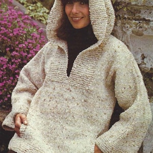 PDF Instant Digital Download ladies easy knit popover with hood easy knitting pattern 32 to 42 inch (2344)
