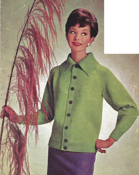 PDF Instant Digital Download Ladies Easy Knit Raglan Cardigan