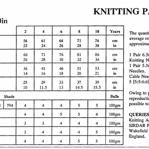 May include: Knitting pattern for a chunky sweater with measurements in inches and centimeters for sizes 2 to 10 years. The pattern requires Sirdar Chunky yarn in various shades and includes instructions for knitting needles, cable needle, and buttons.