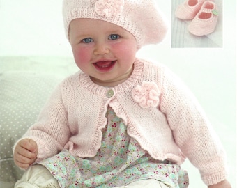 PDF Instant Digital Download easy knit baby cardigan beret and shoes knitting pattern double knit ages 0 to 7 years 16/26 inch  (396)