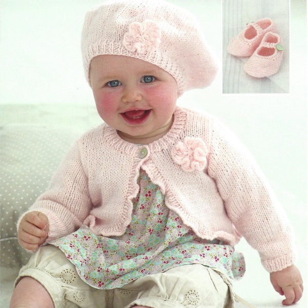 PDF Instant Digital Download easy knit baby cardigan beret and shoes knitting pattern double knit ages 0 to 7 years 16/26 inch  (396)