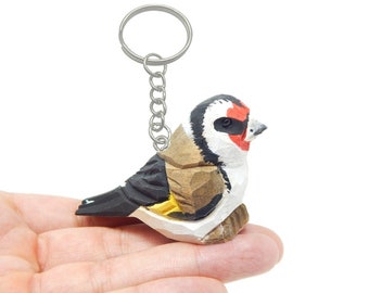 European Goldfinch Keychain Ring Clip Charm Finch Bird Miniature Wood Brown Songbird Mini Figurine Small Animal