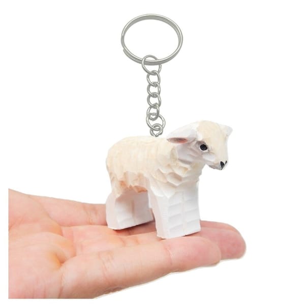 Sheep Lamb Baby Ewe Keychain Ring Clip Charm Miniature Wood Mini Figurine Small Animal