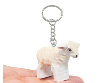 Sheep Lamb Baby Ewe Keychain Ring Clip Charm Miniature Wood Mini Figurine Small Animal