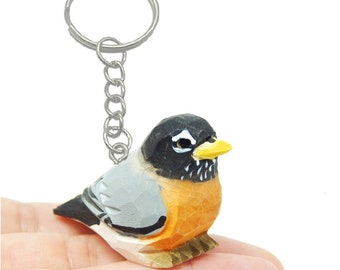 Robin Keychain Ring Clip Charm Bird Miniature Wood Songbird Mini Figurine Small Animal