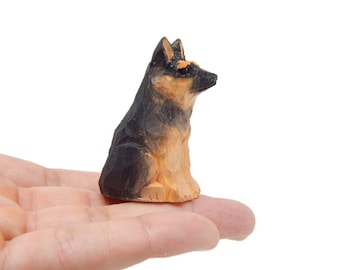 German Shepherd Handmade Wood Figurine - Dog Puppy Small Animal Carving Statue Decoration