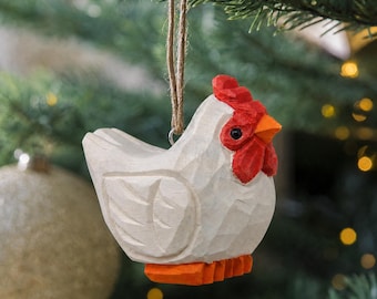White Chicken Hen Ornament | Hand-Carved Farmhouse Rustic Decor