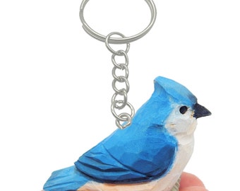 Tufted Titmouse Bird Keychain Ring Hook Clip Blue Jay Charm Miniature Wood Mini Figurine Small Animal