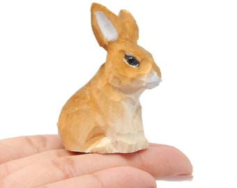 Brown Rabbit Bunny Miniature Wood Figurine Garden Statue Small Animal Decoration Art