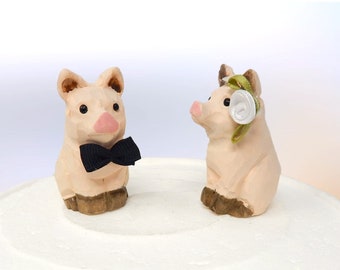 Pig Wedding Cake Topper | Hand-Carved Wood Bride Groom Rustic Farm Decor