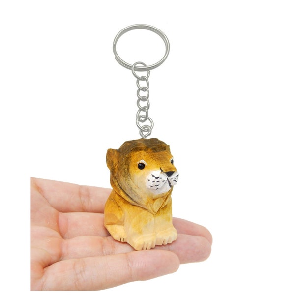 Lion Keychain Ring Hook Clip Charm Miniature Wood Mini Figurine Small Animal Male Mane Big Cat King Feline