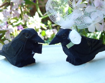 Raven Crow Black Birds Cake Topper Bride & Groom Wedding Engagement Anniversary Carved Wood Statue