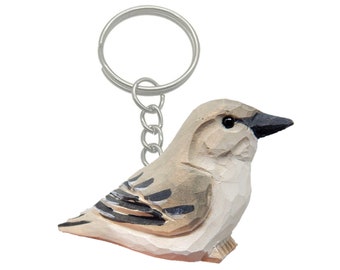 Mockingbird Keychain Ring Hook Clip Gray Bird Charm Miniature Wood Mini Figurine Small Animal