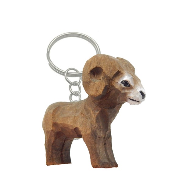 Big Horn Ram Handmade Keychain Ring Hook Clip Charm Miniature Wood Figurine Small Animal