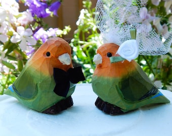 Lovebird Cake Topper Bride & Groom Bird Wedding Engagement Anniversary Carved Wood Statue