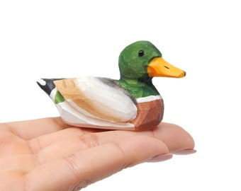 Mallard Wooden Duck Figurine - Drake Male Miniature Bird Statue Green Head Handmade Carving Home Decor Decoration Decoy Small Animals