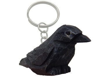 Raven Crow Black Bird Keychain Ring Hook Clip Charm Miniature Wood Mini Figurine Small Animal