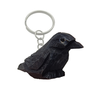 Raven Crow Black Bird Keychain Ring Hook Clip Charm Miniature Wood Mini Figurine Small Animal