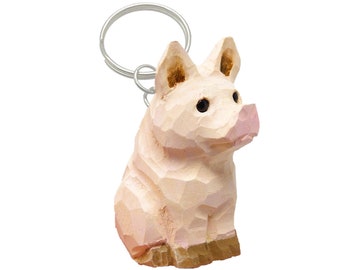 Pig Keychain Ring Hook Clip Small Farm Animal Charm Miniature Wood Figurine