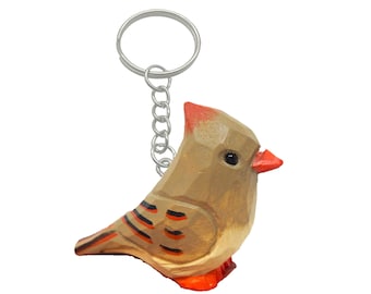 Female Cardinal Wooden Keychain | Hand-Carved Bird Charm Rustic Gift