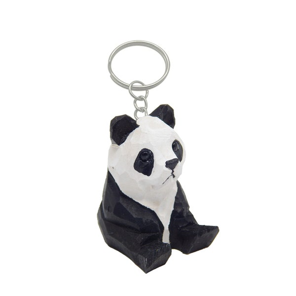 Panda Bear Keychain Ring Clip Asian Charm Miniature Wood Mini Figurine Small Animal