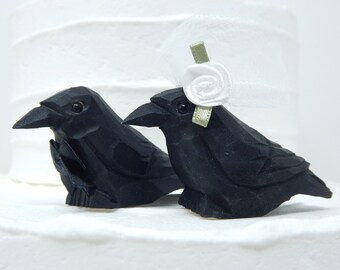 Raven Crow Black Birds Cake Topper Bride & Groom Wedding Engagement Anniversary Carved Wood Statue