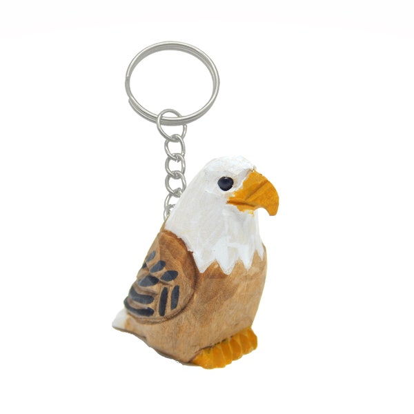 Bald Eagle Keychain Ring Hook Clip Charm Miniature Wood Mini Figurine Small Animal