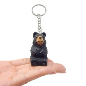 Black Bear Keychain Ring Clip Charm Miniature Wood Mini Figurine Small Animal