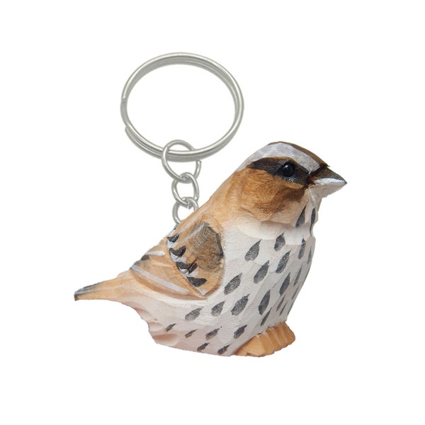 Sparrow Brown Bird Keychain Ring Hook Clip Charm Miniature Wood Mini Figurine Small Animal