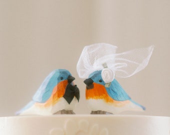 Eastern Bluebird Wedding Cake Topper  | Hand-Carved Wooden Bride Groom Rustic Decor