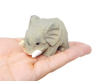 Elephant Figurine Small Handmade Wood Carving Home Decor Gift Animal Sculpture