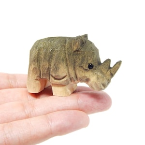 Rhino Handmade Wood Figurine Animal Statue Decoration Carving Miniature Small Gift Horned Sculpture
