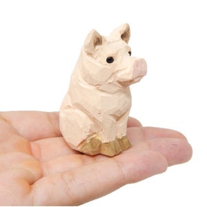 Pig - Small Wooden Figure - Miniature Barn Animal Toys Hand Carved Home Decor Folk Ornament Ranch Minifigure Pink