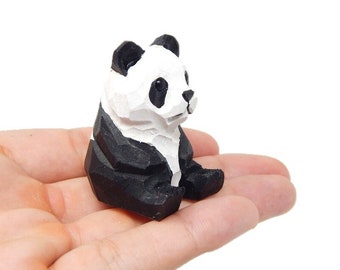 Panda Bear Small Wooden Figurine Statue Carving Handmade Decor Miniature Animals